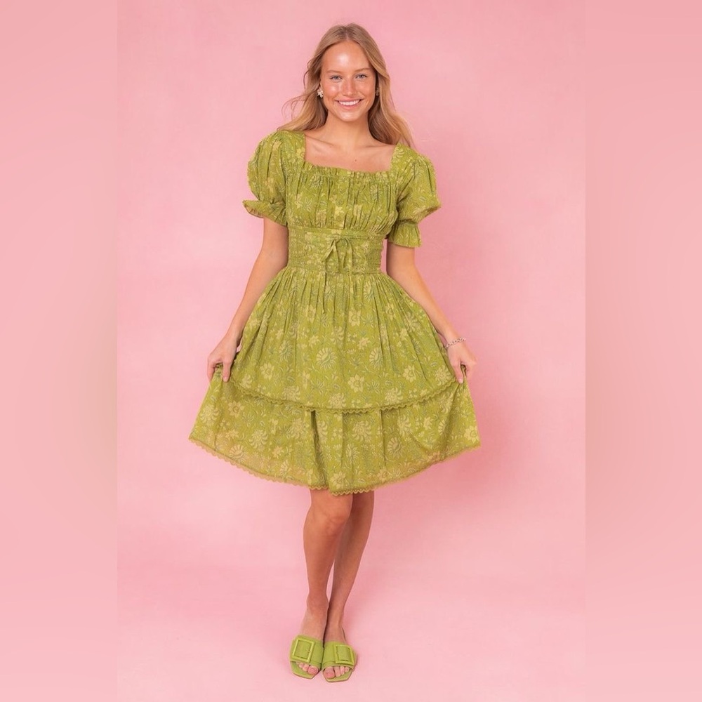 Ivy City Co Darcy Corset Green Floral Mini Milkmaid Renaissance Fairycore Dress